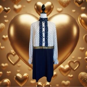 Unique Vintage Smak Parlour White Navy & Gold Empire A-Line Long Sleeve Dress 1X